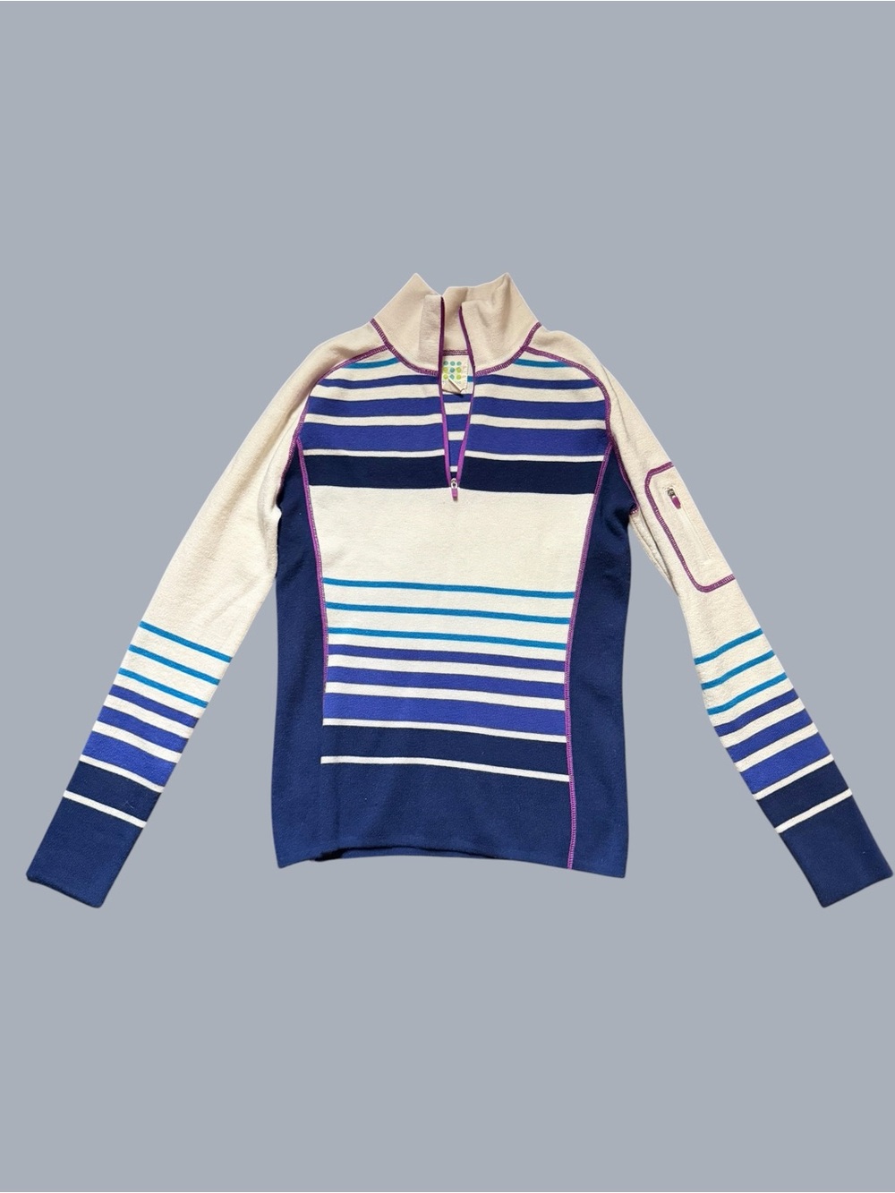 Title nine Striped Half‑Zip Cowl Neck Sweater in Navy, Cream and Blue